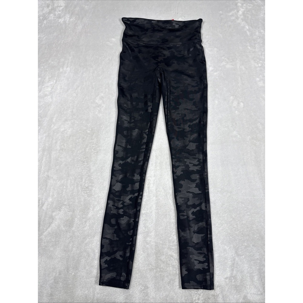 SPANX Faux Leather Camo Leggings Womens Black Grey Stretch Yoga Pants Size S